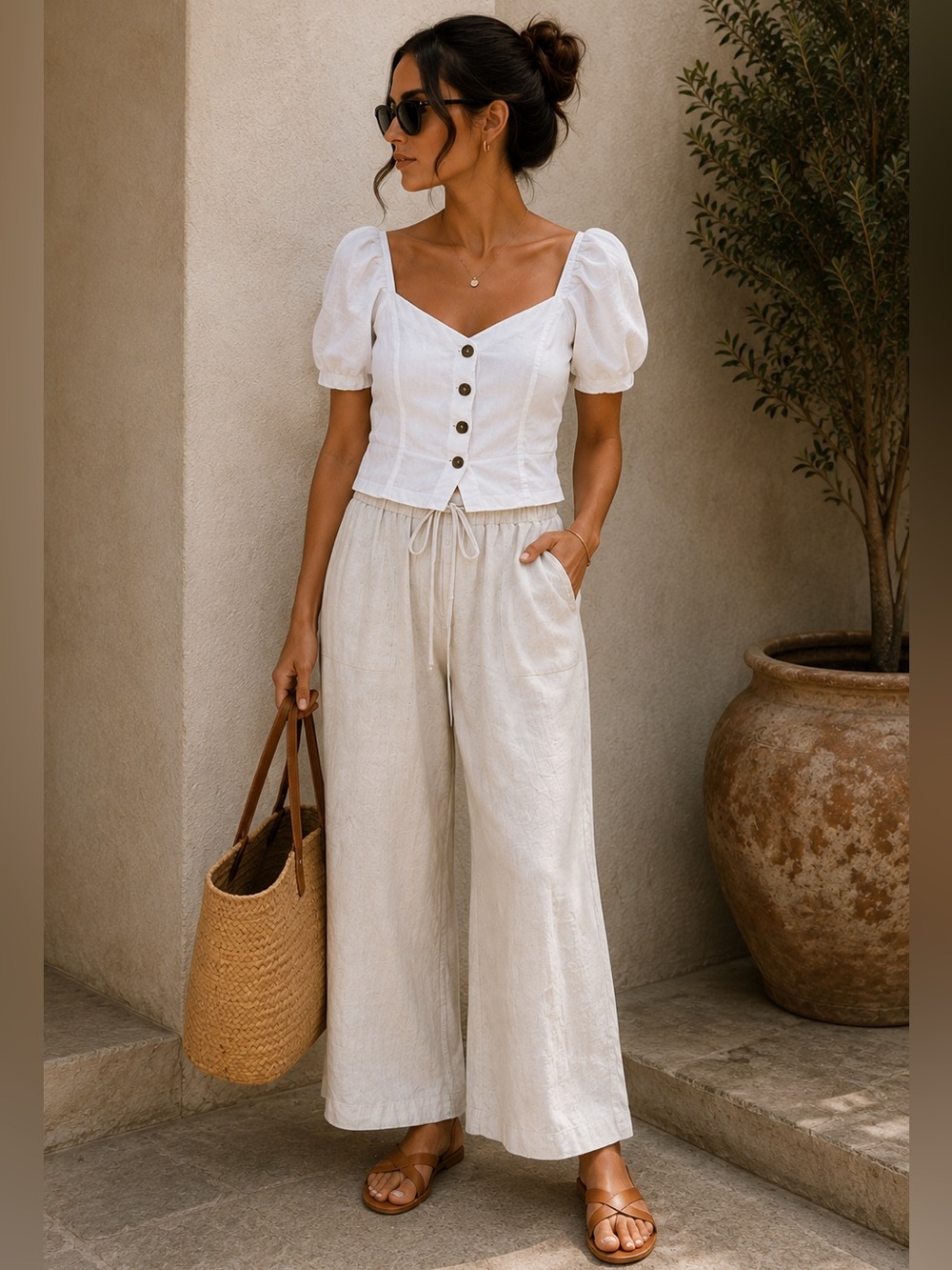 Wilfred Linen Blend White Puff Sleeve Button-Up Top